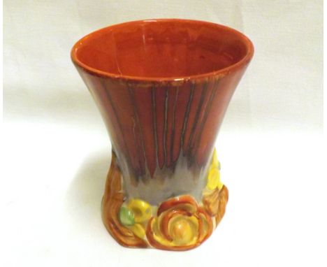 A Clarice Cliff "My Garden" conical Baluster Vase, the base typically mounted with foliage, decorated in streaked design and 