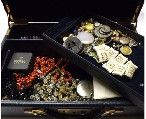 A blue leather Attach Case of assorted jewellery items including Pierced Bone Necklace, pair of Lorgnettes (A/F), Victorian G