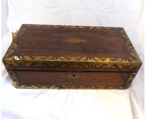 Victorian Rosewood and Brass inlaid Writing Box of rectangular form, the interior with blue lined writing slope, inkwells and