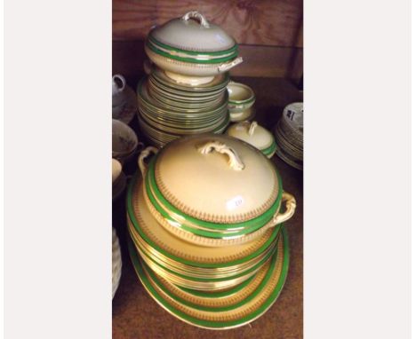 Good quantity of Wedgwood green and gilt decorated Dinner Ware to include Tureen with Ladle, covered Vegetable Dishes, small 