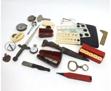 Box of various mixed items to include assorted jewellers' magnifiers, ring sizers, pocket watch, compass, Silver mounted cher