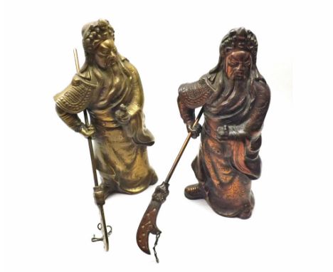 Chinese Brass figure of Warrior with axe in his right hand wearing traditional dress, together with a further similar Copper 