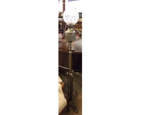 Victorian floor standing Oil Lamp with clear glass chimney, frosted glass shade, Brass font and Brass adjustable extending bo