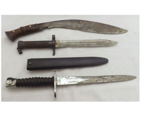 Military Issue Gurkha Kukri, curved blade 12 3/4", wooden grip + Swedish Model 1896 Knife Bayonet + K-9 Bayonet and Scabbard 