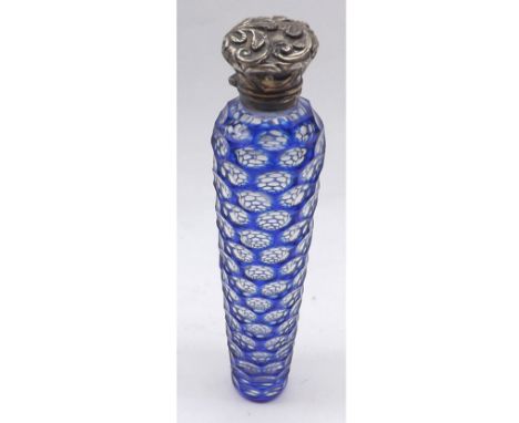 A Victorian Blue and Clear Cased Glass Scent Bottle of tapering cylindrical form, honeycomb design decoration, the hinged lid