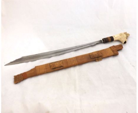 Vintage Dyak Headhunter's Sword Mandau, swollen hollow ground single edged blade, 18 1/2", carved bone hilt (no hair), carved