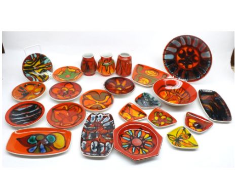 Collection of various Poole Delphis pattern Bowls, Vases and Pin Trays, comprising three small squat Vases, eight 5" diameter