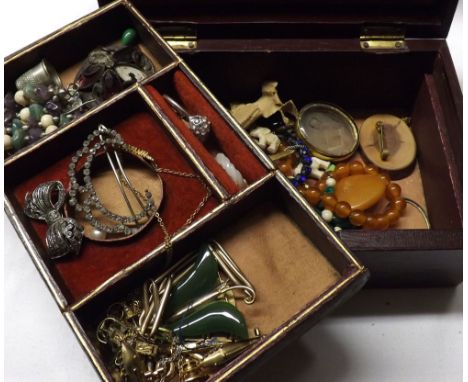 A red leather Jewel Box of assorted Jewellery including Necklaces, Brooches, Jade Butterfly Brooch etc  