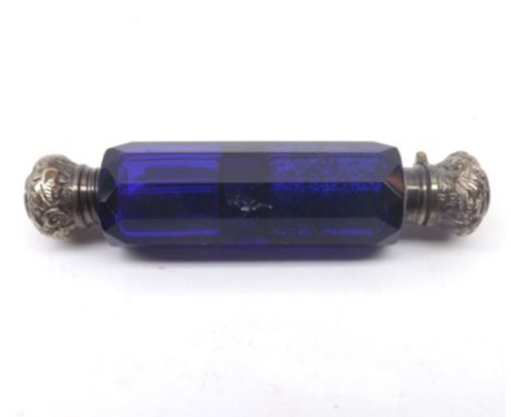 A Victorian Double Ended Bristol Blue Glass Scent Bottle with facetted detail, embossed silver ends, apparently unmarked, 4" 