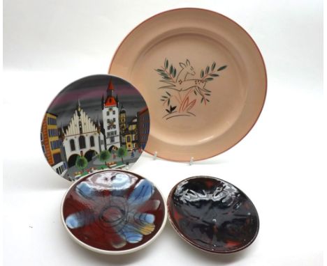 Mixed lot: Poole Pottery wares comprising 9" Plate decorated with leaping deer, two small Delphis round pedestal Bowls and a 