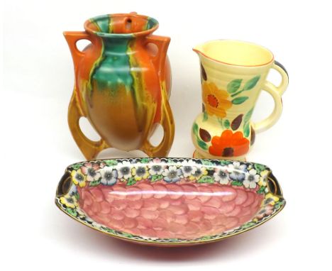 Mixed lot: comprising a Maling lustre finish Bowl, a Fieldings Crown Devon floral decorated Jug on pedestal base, and further