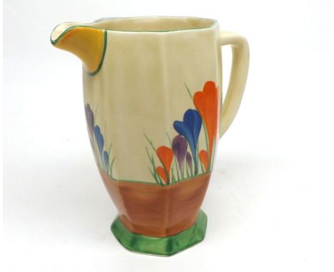 Clarice Cliff Bizarre Crocus pattern octagonal Jug, typically decorated, 6 1/2" high Condition:
Paint rubbed on decoration, m
