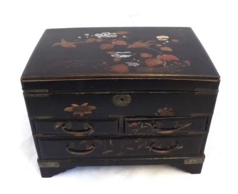 Late 19th or early 20th Century Oriental table top chest, with black lacquered finish and Mother of Pearl detail, the lifting