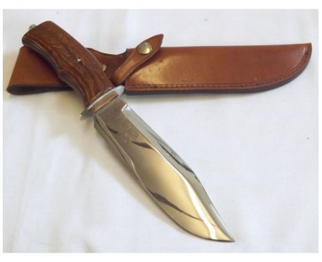 Modern Wilkinson Bowie Knife, 7" blade, wooden grip, leather sheath  
