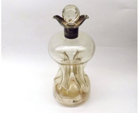 Late 19th/early 20th Century dimpled hourglass shaped decanter with hallmarked Silver collar and wrythen ball stopper, 11" hi