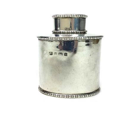 GEORGE V SILVER TEA CADDY AND COVER, maker S. Blackensee &amp; Son Ltd., Birmingham 1919, of oval form with beaded borders, 9