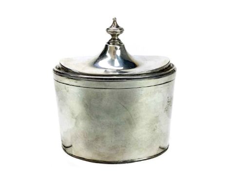 EARLY 20TH CENTURY SILVER TEA CADDY AND COVER, maker Goldsmiths &amp; Silversmiths Company, London 1935, of oval form with hi