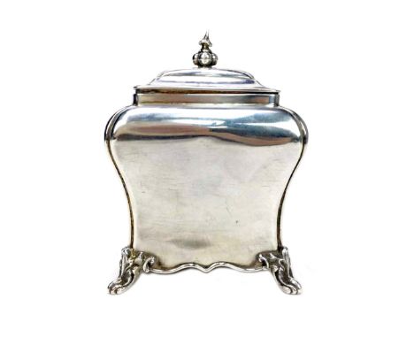 VICTORIAN SILVER TEA CADDY AND COVER, maker Hilliard &amp; Thomason, Birmingham 1889, of bombe form, on four scrolling acanth