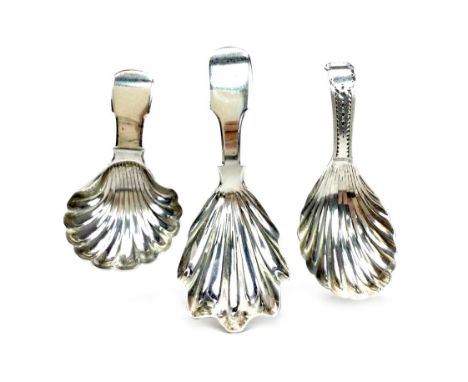 EARLY 19TH CENTURY SILVER CADDY SPOON, maker John Brown, Newcastle c.1801-25, Fiddle pattern with shell bowl, 7cm long; along