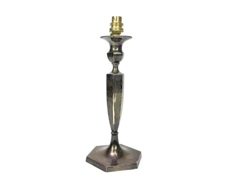 GEORGE V SILVER CANDLESTICK TABLE LAMP, Sheffield 1920, converted from candlestick, beaded sconce above a tapering hexagonal 