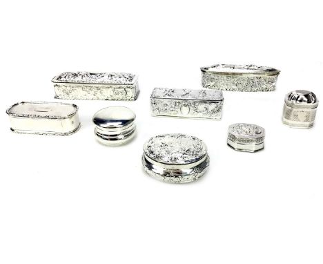 LOT OF EIGHT SILVER CASKETS, various dates and assays, mostly early 20th century, including pill and trinket boxes, embossed 