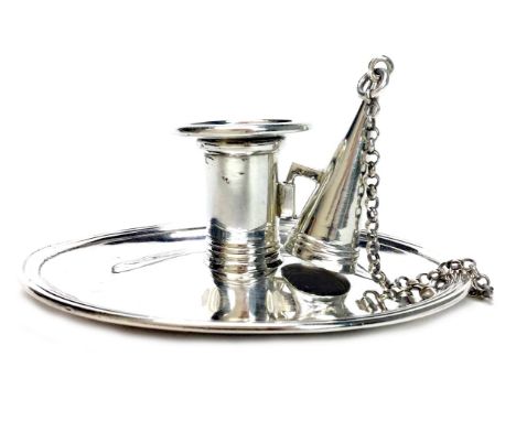 GEORGE III SILVER CHAMBER CANDLESTICK, maker John Emes, London 1800, oval drip pan with fitted snuffer, hoop handle, 5cm high