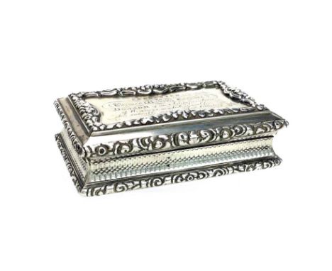 GEORGIAN SILVER SNUFF BOX, maker Nathaniel Mills, Birmingham 1827, of rectangular form, the hinged cover with presentation in