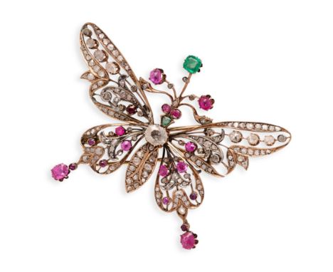 DIAMOND, RUBY AND EMERALD BROOCH, 1890s designed as a butterfly of open work design, set with old mine- and rose-cut diamonds