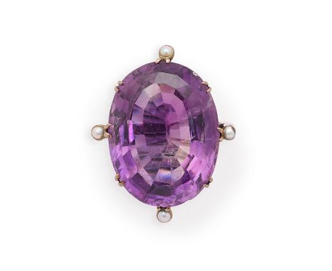 AMETHYST AND SEED PEARL RING, 1890s COMPOSITE centring on an oval mixed-cut amethyst, accented to the cardinal points with se