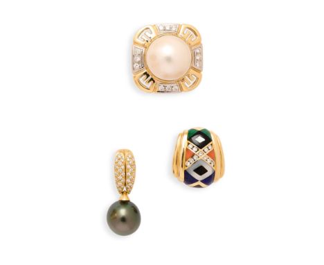 THREE GEM-SET PENDANTS ◉ comprising; one centring on a mabe pearl, framed with diamond accents, one of corbel form inlaid wit
