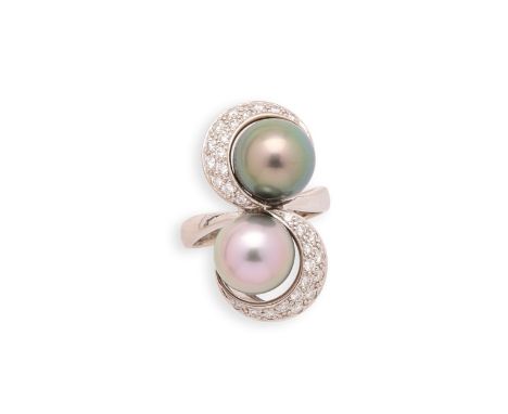 A CULTURED PEARL AND DIAMOND RING scroll design set with two grey cultured pearls, accented with crescents of brilliant-cut d
