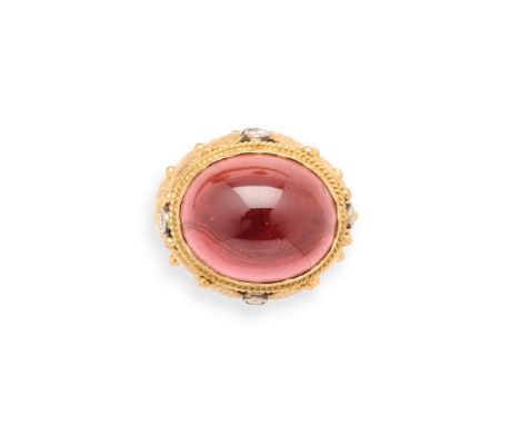 FOUR GEM-SET RINGS comprising: one set with an oval cabochon garnet to a engraved foliate mount accented with brilliant-cut d