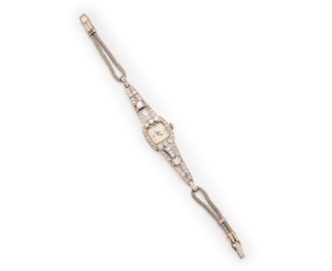 HAMILTON & CO, DIAMOND COCKTAIL WATCH, 1930s the cushion-shaped dial applied with Arabic numerals and dot indicators, to a si