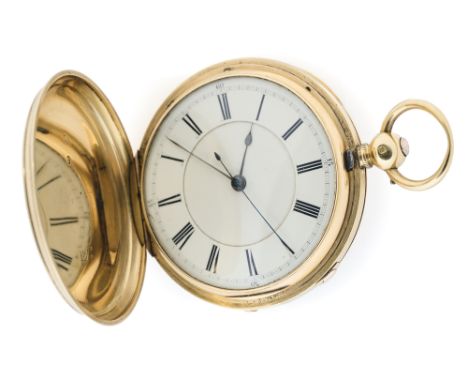 VICTORIAN GOLD HUNTING CASED CENTRE SECONDS POCKET WATCH, CIRCA 1885 key wound gilt three-quarter plate fusee English lever m