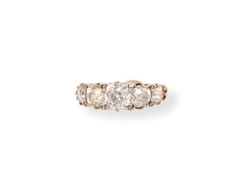 VICTORIAN DIAMOND HALF-HOOP RING, 1890s set with five graduated old mine-cut diamonds, accented with roes-cut diamond points 