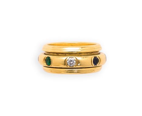 PIAGET: GEM-SET AND DIAMOND RING accented with circular-cut emeralds, rubies, sapphires and brilliant-cut diamonds, signed Pi