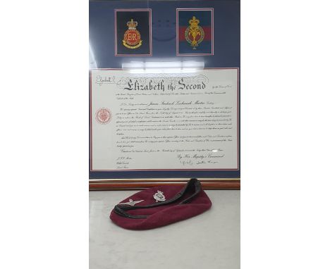 A British Army Officer's Commission for Welsh Guards, a Royal Military Academy Cap Badge and a Parachute Regiment Beret 