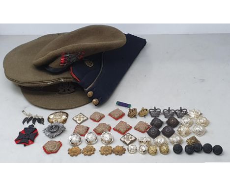 A Scots Guards No.1 Dress Hat, a Royal Army Ordnance Corps Side Cap and Dress Cap, and a quantity of assorted Badges, Pips an