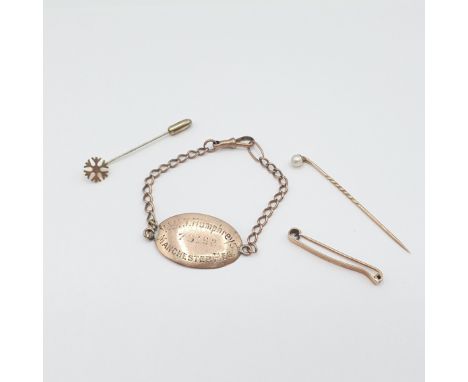 An Identity Bracelet stamped 9ct, a Bar brooch and two Stick Pins, approx 9gms all in 