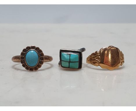 A 9ct gold Signet Ring, a Turquoise Ring stamped 9ct A/F and a white metal Ring set turquoise 