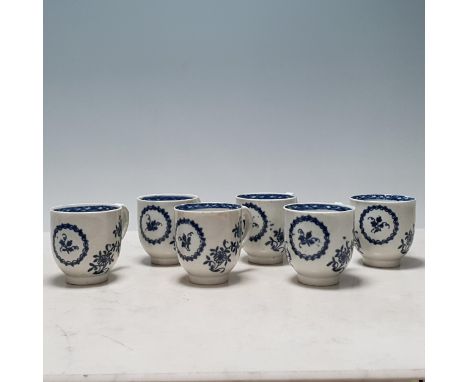 Six Caughley blue and white Coffee Cups decorated floral sprays with ring of flowers and floral sprigs, one rim chipped  NB P