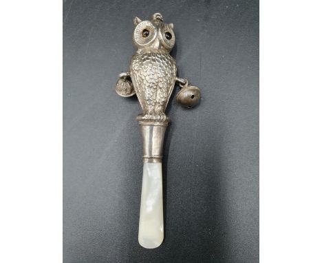 A George V silver owl Rattle with two bells and mother of pearl teether, Birmingham 1913, maker: C &amp; N