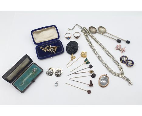 A collection of antique and vintage Costume Jewellery including; Stick Pins, jet Cameo Brooch etc 