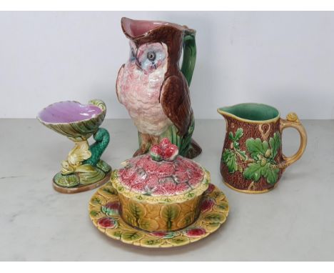 A Majolica Jug in the form of an Owl with green branch and flower handle, A/F, 9.5"High, a Minton moulded Acorn Jug (stamped 