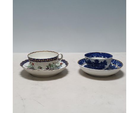 A Worcester Cup and Saucer with moulded body, shaped rims, painted floral design, having blue borders with gilt leaf designs,