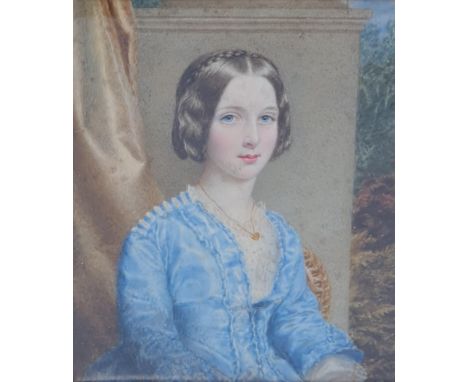 ENGLISH SCHOOL CIRCA 1850. Portrait miniature of a Lady, half length, wearing a blue Dress, a pillar beyond, on ivory, 5 1/4 