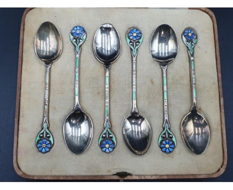 Six Edward VIII silver and coloured enamel Coffee Spoons with floral stems, Birmingham 1936, maker: Walker &amp; Hall, in cas