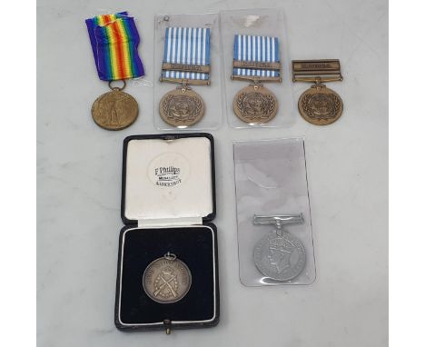 Six Medals including WWI Victory Medal engraved to S-13204 Pte. A. Gillies, Argyll &amp; Sutherland Highlanders, three UN Kor