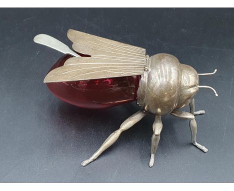 A plated mounted pink glass Honey Jar in the form of a bee with engraved wings, 6in, Mappin & Webbs, Princes Plate, W11518  T