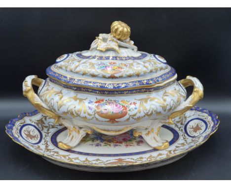 An impressive Limoges two handled oval Tureen, Cover and Stand painted bowls of flowers, gilt birds and scrolls, ornate bud f